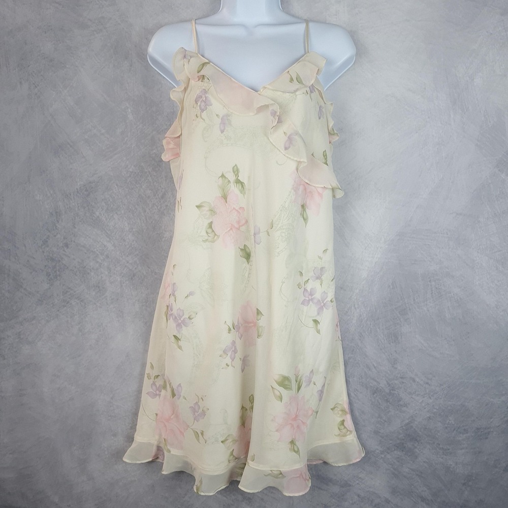 Vntg Chemise Slip Dress Womens Medium Floral Ruffle Fairy Romantic Soft Grunge
